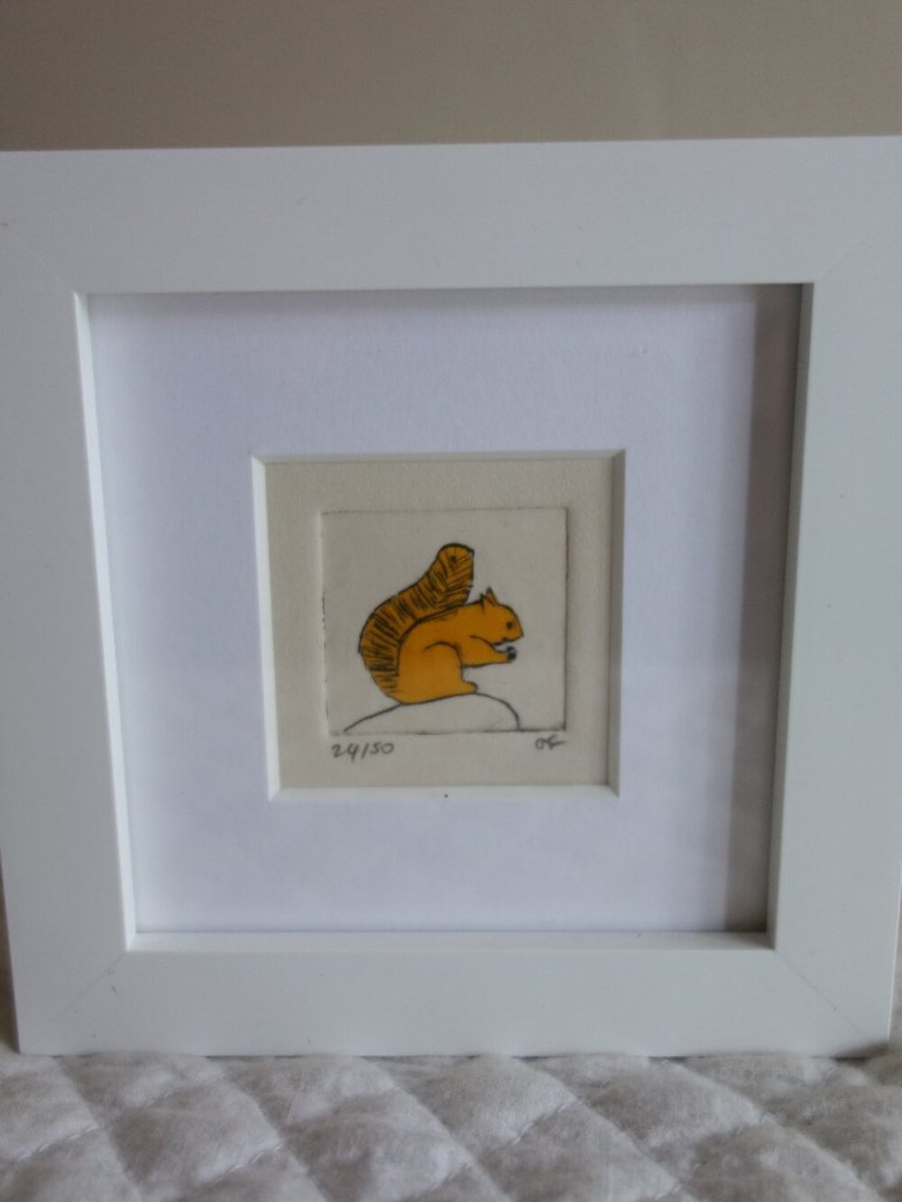 SALLY J FISHER – Scotland – Framed Mini Collagraph Art Print of Squirrel 24/50